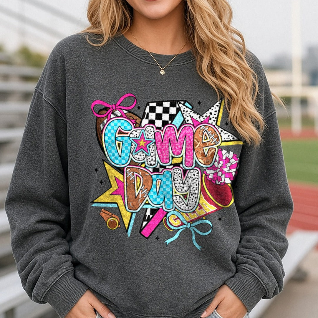 Game Day Cheer Retro DTF transfer shown on a Comfort Colors sweatshirt