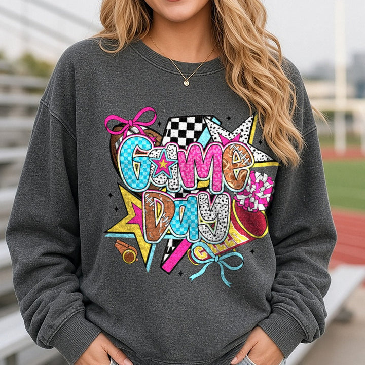 Game Day Cheer Retro DTF transfer shown on a Comfort Colors sweatshirt