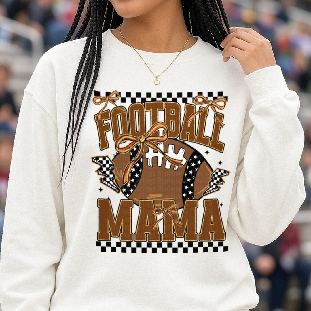 Football Mama Black and White Checkered DTF transfer shown on a Comfort Colors sweatshirt