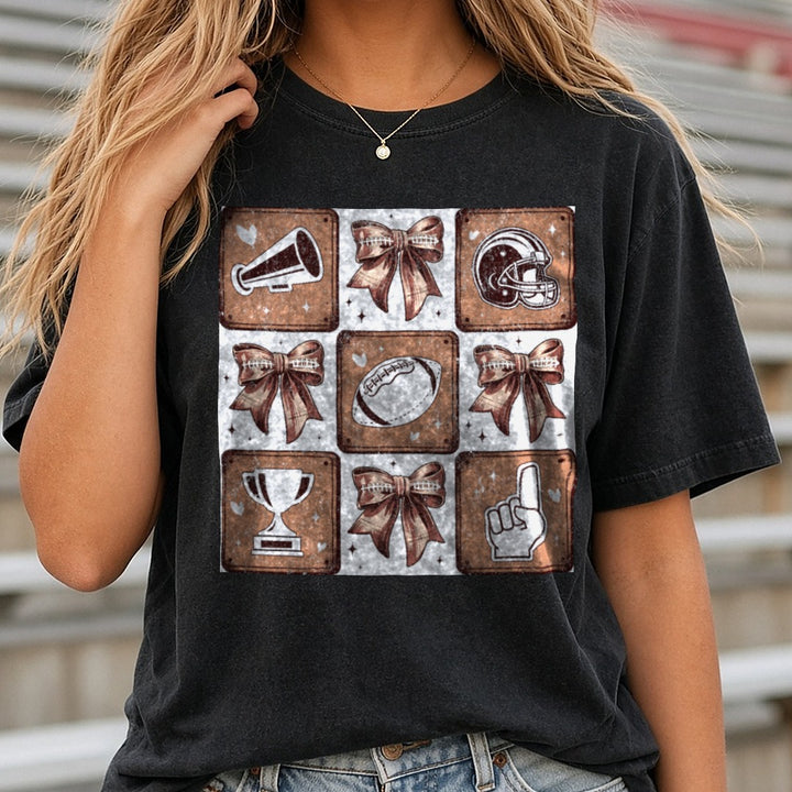 Football Cheer Collage Coquette Bow DTF transfer shown on a Comfort Colors tee
