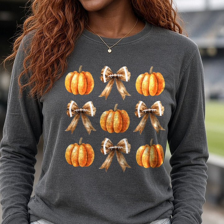 Football Coquette Bow Pumpkin Collage DTF transfer shown on a Comfort Colors long sleeve tee