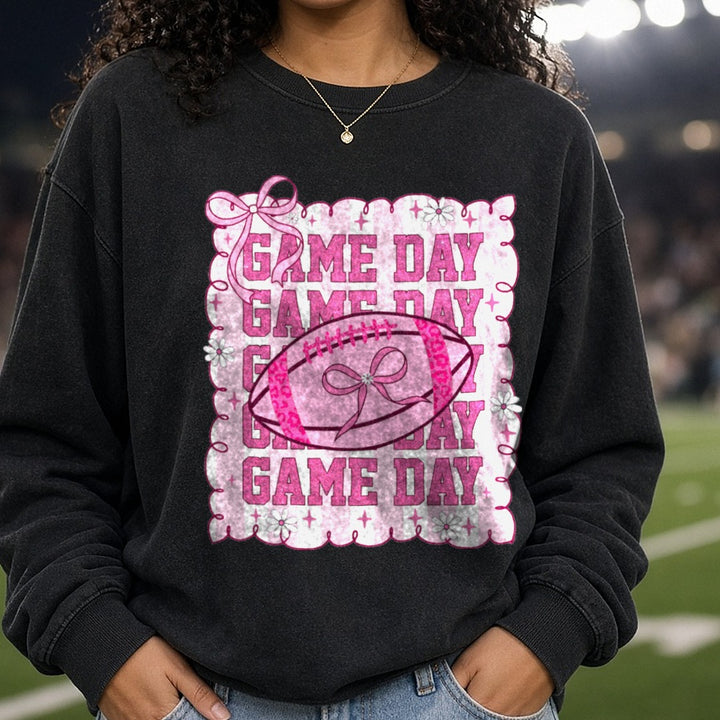 Game Day Football Pink Out Cancer Awareness DTF transfer shown on a Comfort Colors sweatshirt