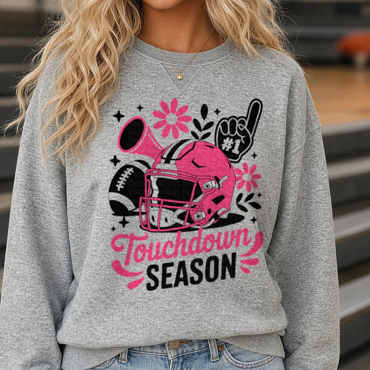 Football Touchdown Season DTF transfer shown on a Comfort Colors sweatshirt