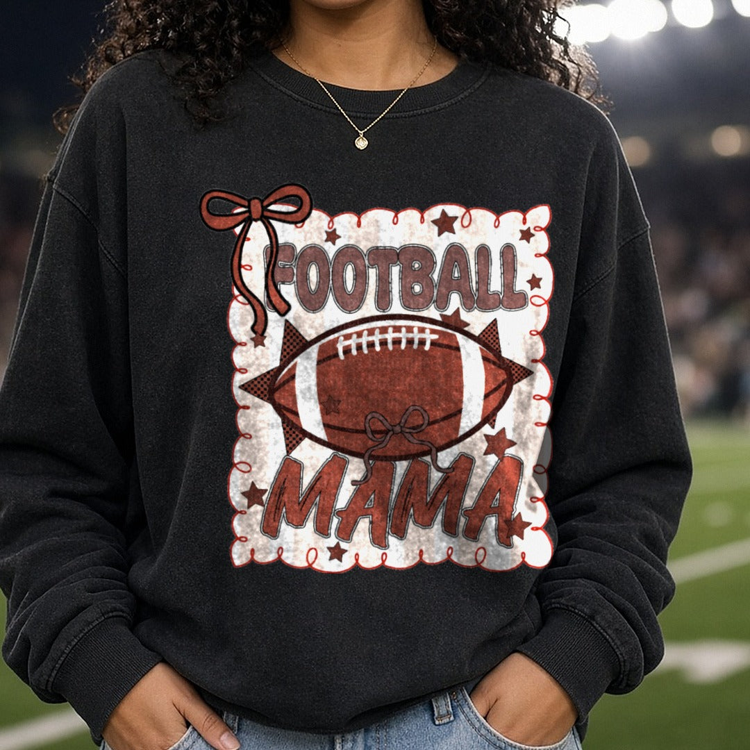 Football Mama DTF transfer shown on a Comfort Colors sweatshirt