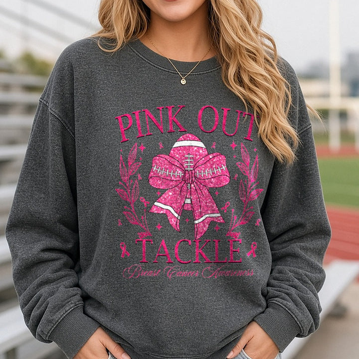Football Pink Out Tackle Cancer DTF transfer shown on a Comfort Colors sweatshirt