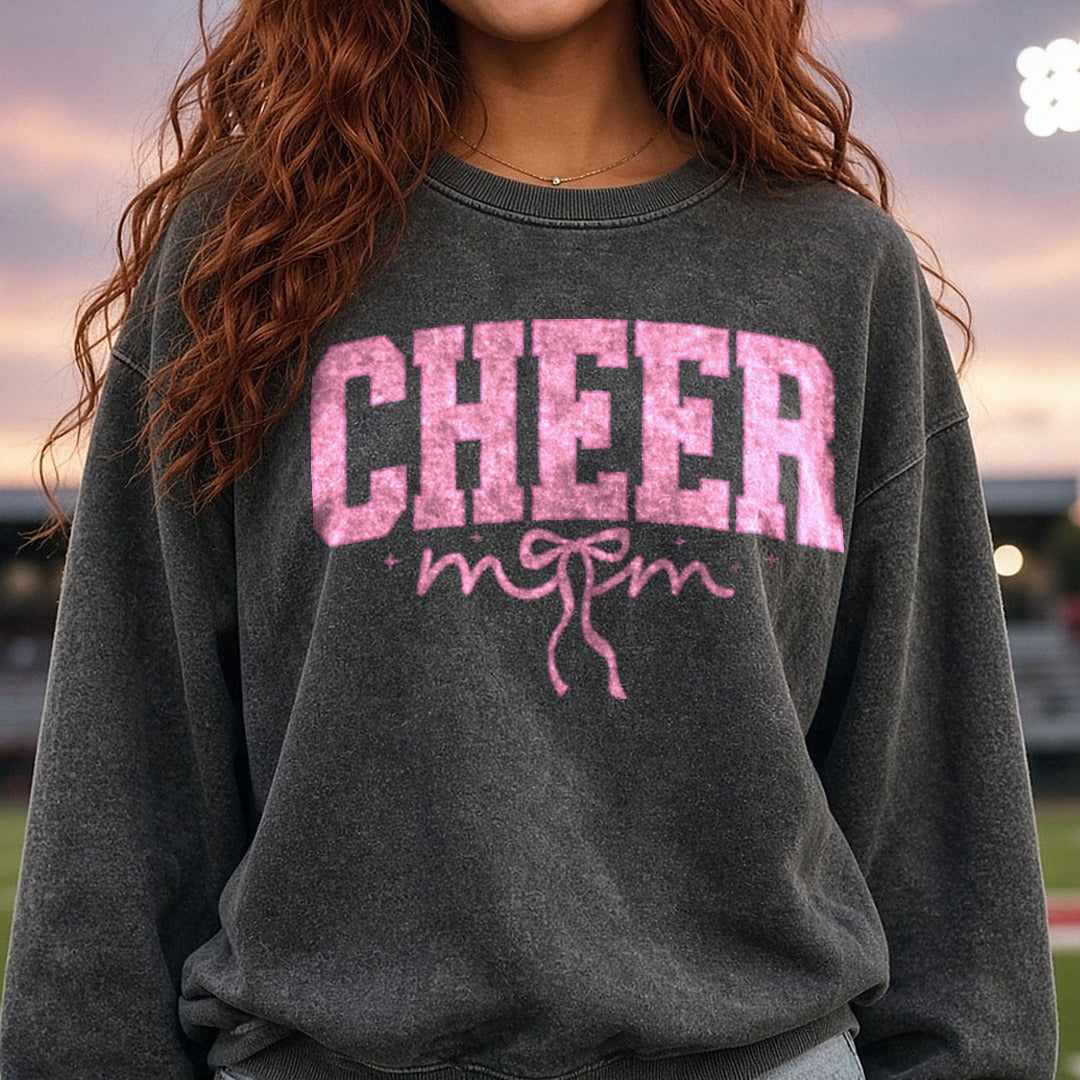 Cheer Mom Coquette Bow Girlish DTF transfer shown on a Comfort Colors sweatshirt