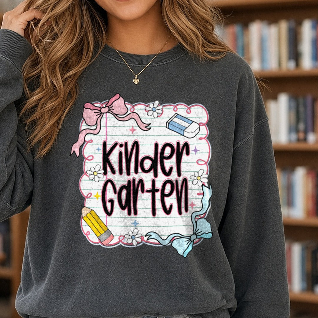 Back to School Transfer Kindergarten DTF transfer shown on a Comfort Colors sweatshirt