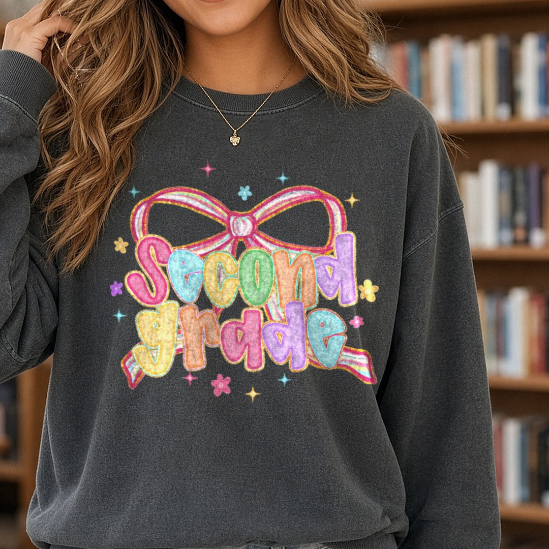 Back to School Transfer Second Grade DTF transfer shown on a Comfort Colors sweatshirt