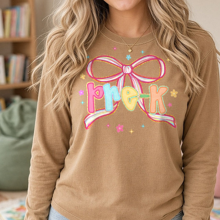 Back to School Pre-K DTF transfer shown on a Comfort Colors long sleeve tee