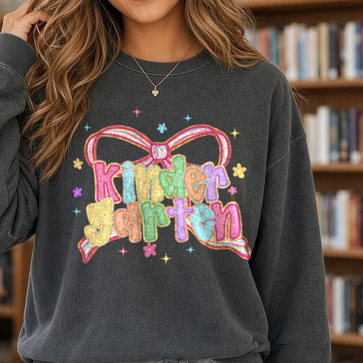 Back to School Kindergarten DTF transfer shown on a Comfort Colors sweatshirt