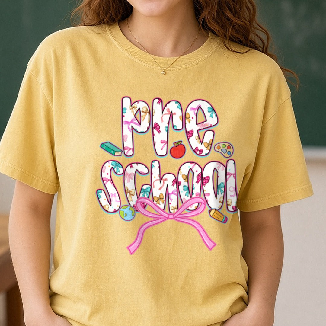 Back to School Pre-School DTF transfer shown on a Comfort Colors tee