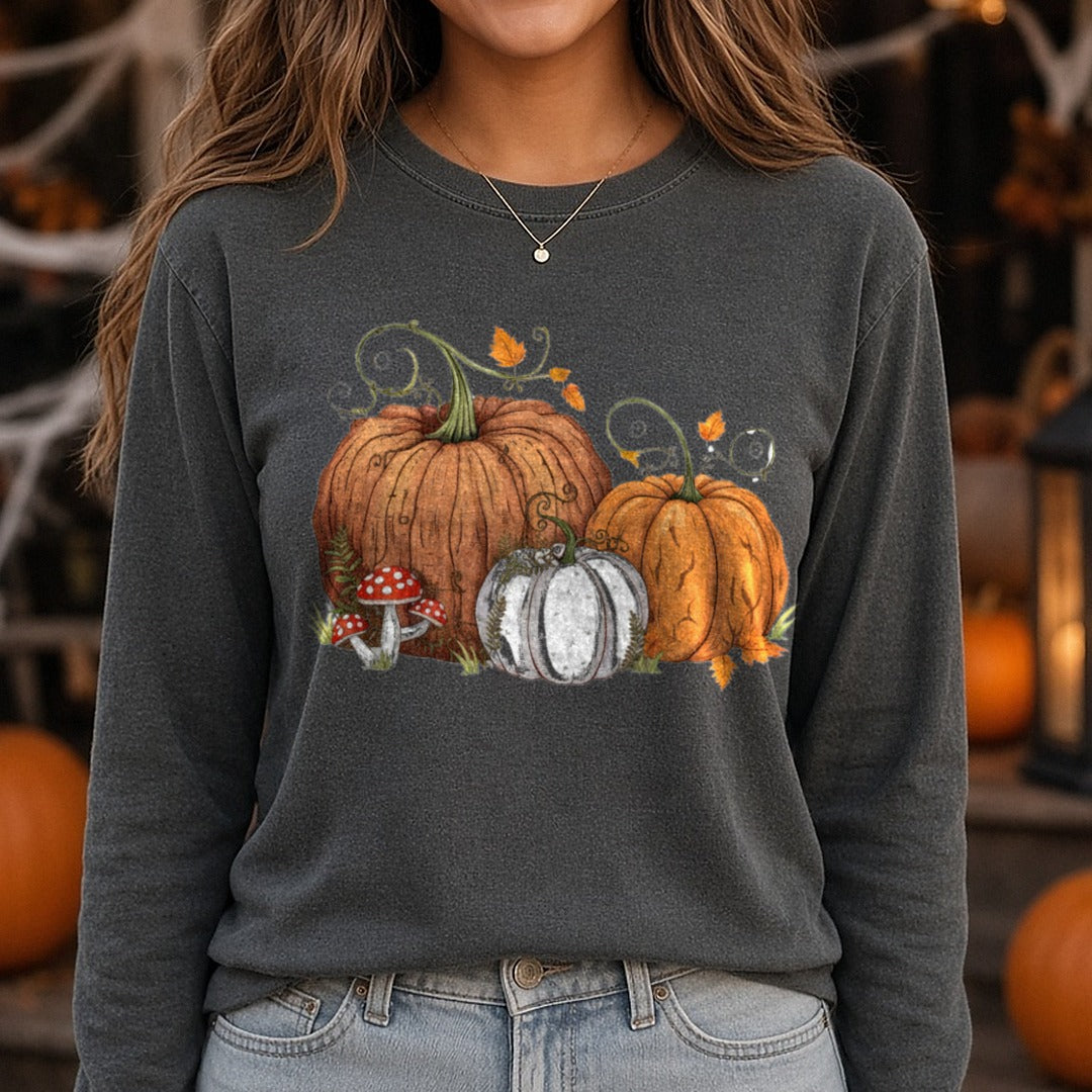 Halloween Fall Pumpkin Rustic Trio Mushrooms DTF transfer shown on a Comfort Colors long sleeve tee