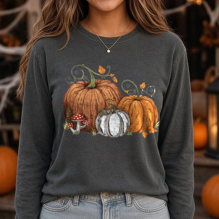 Halloween Fall Pumpkin Rustic Trio Mushrooms DTF transfer shown on a Comfort Colors long sleeve tee