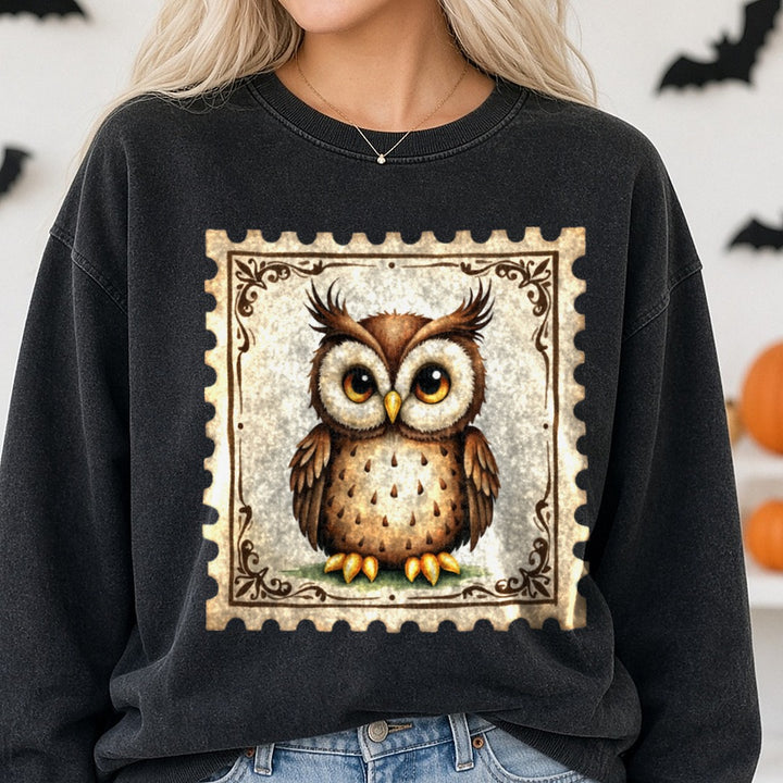 Halloween Fall Owl DTF transfer shown on a Comfort Colors sweatshirt