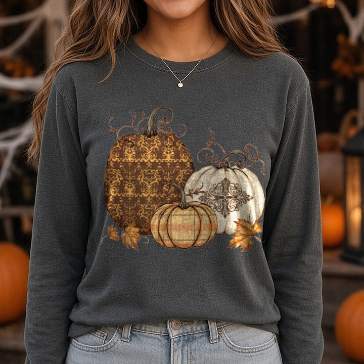 Halloween Fall Pumpkin Brown Damask Cream Filigree DTF transfer shown on a Comfort Colors long sleeve tee