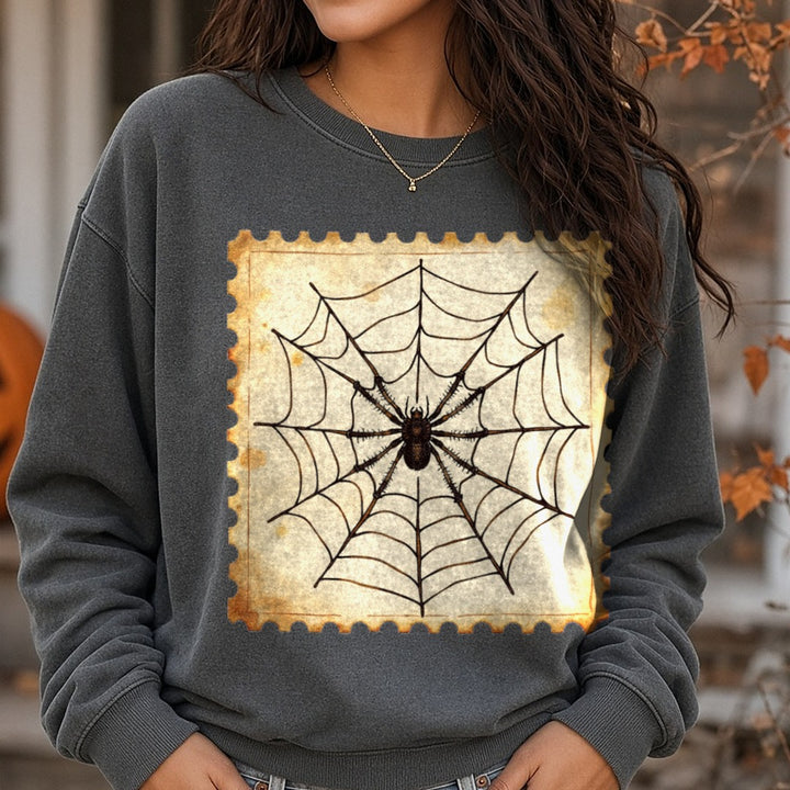 Halloween Fall Spider Web Stamp DTF transfer shown on a Comfort Colors sweatshirt