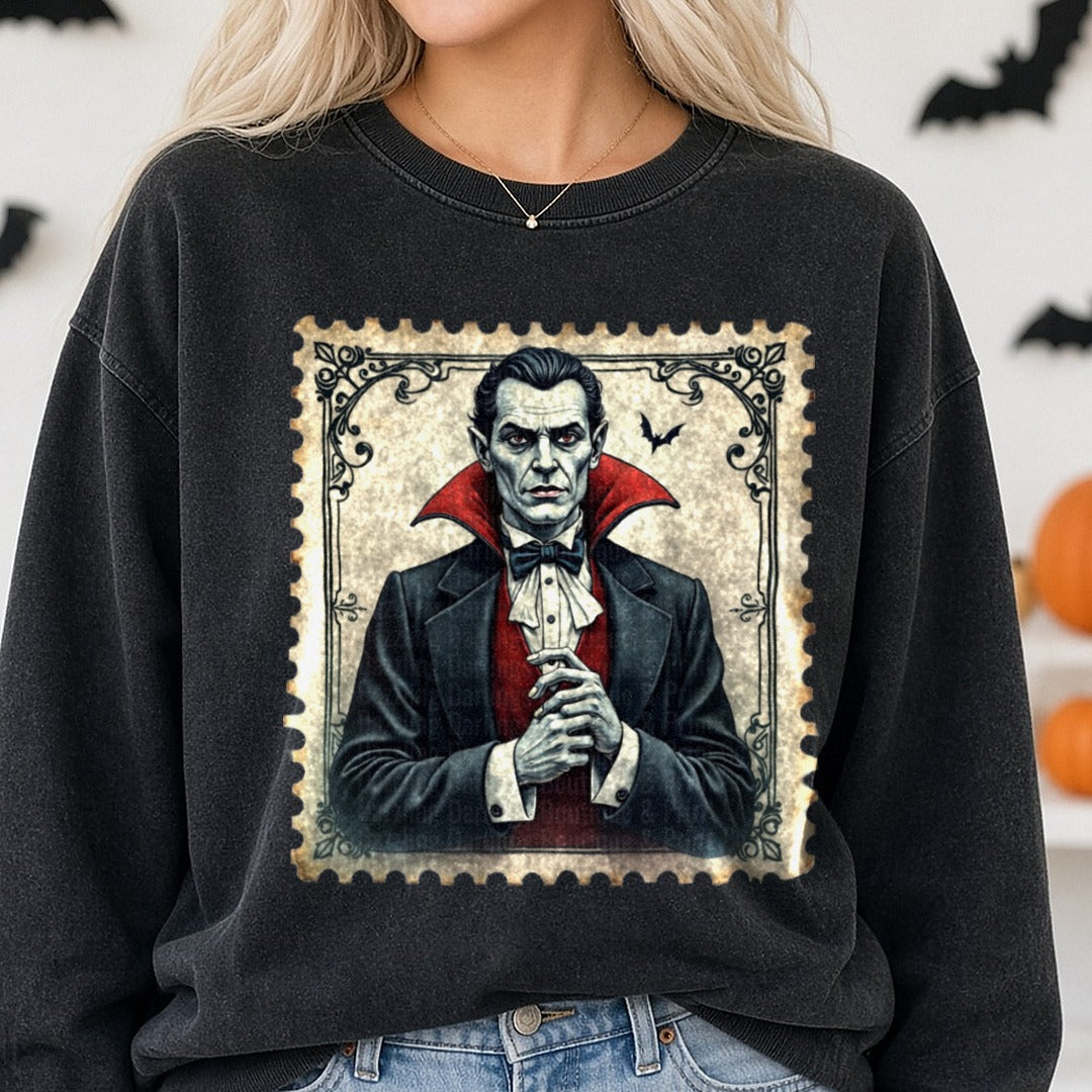 Halloween Fall Dracula Stamp DTF transfer shown on a Comfort Colors sweatshirt