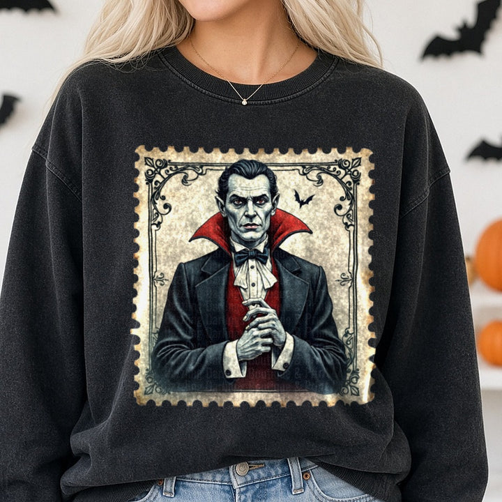 Halloween Fall Dracula Stamp DTF transfer shown on a Comfort Colors sweatshirt