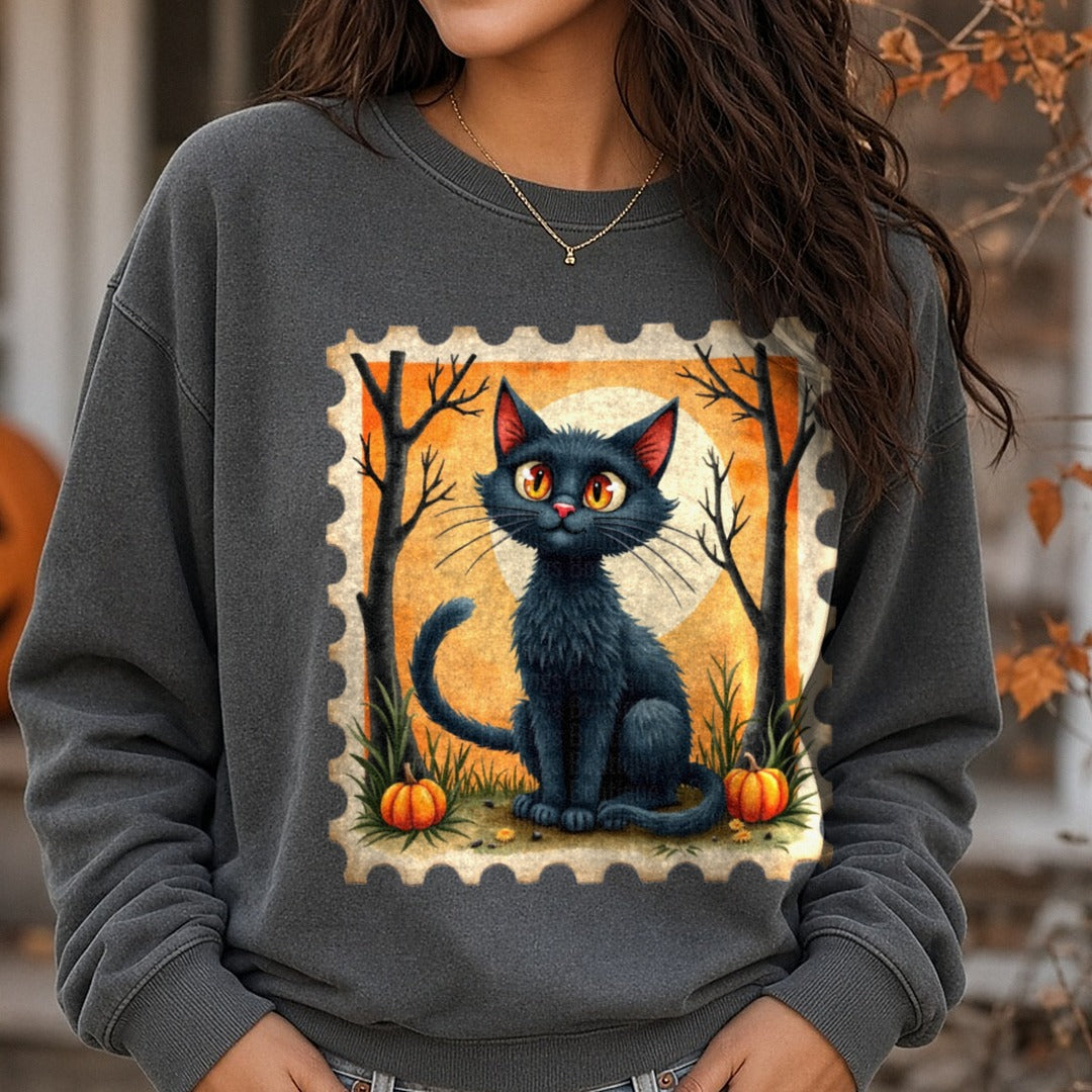 Halloween Fall Cat Pumpkin Stamp DTF transfer shown on a Comfort Colors sweatshirt