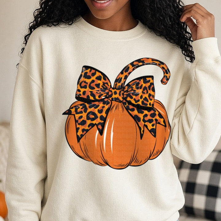 Halloween Fall Cheetah Pumpkin DTF transfer shown on a Comfort Colors sweatshirt