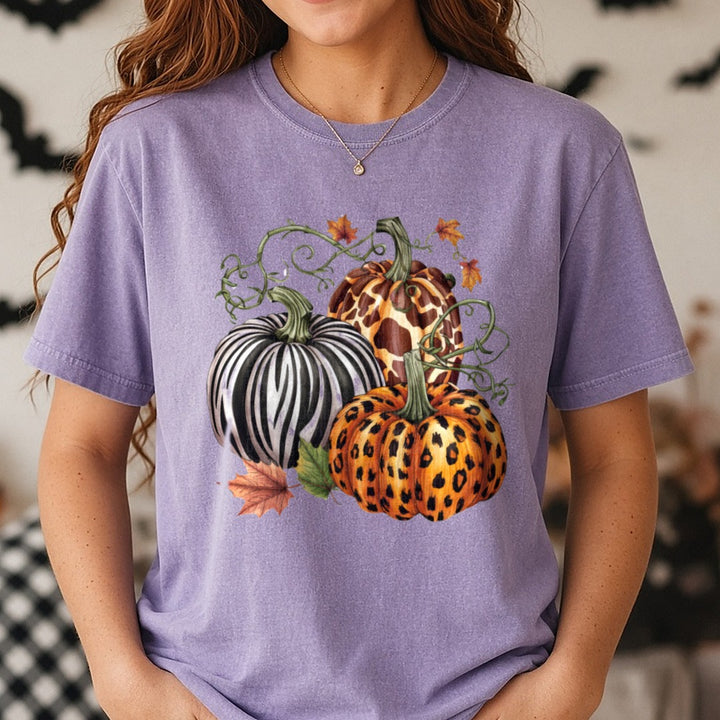 Halloween Fall Pumpkin Zebra Leopard Giraffe Vines DTF transfer shown on a Comfort Colors tee