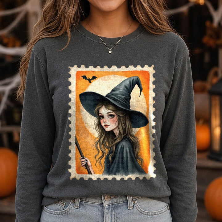 Halloween Fall Witch Stamp DTF transfer shown on a Comfort Colors long sleeve tee
