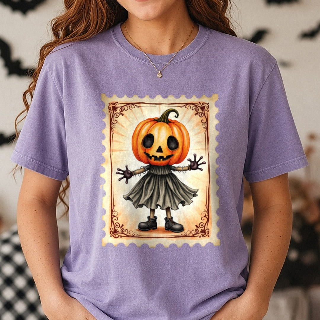 Halloween Fall Pumpkin Stamp DTF transfer shown on a Comfort Colors tee