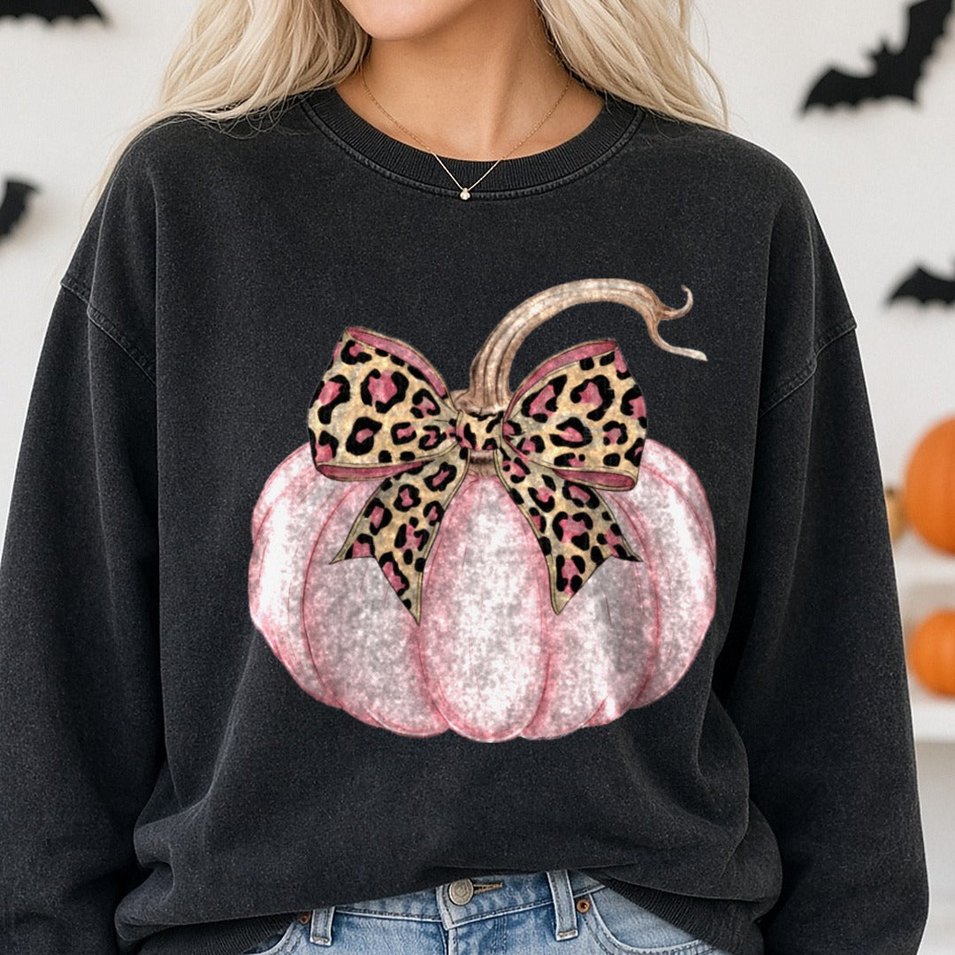 Halloween Fall Pumpkin Pink With Leopard Bow DTF transfer shown on a Comfort Colors sweatshirt