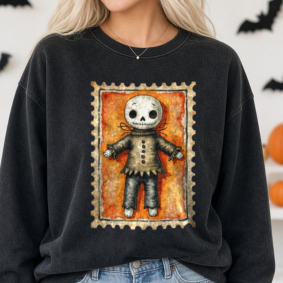 Halloween Fall Scary Pumpkin Scarecrow DTF transfer shown on a Comfort Colors sweatshirt
