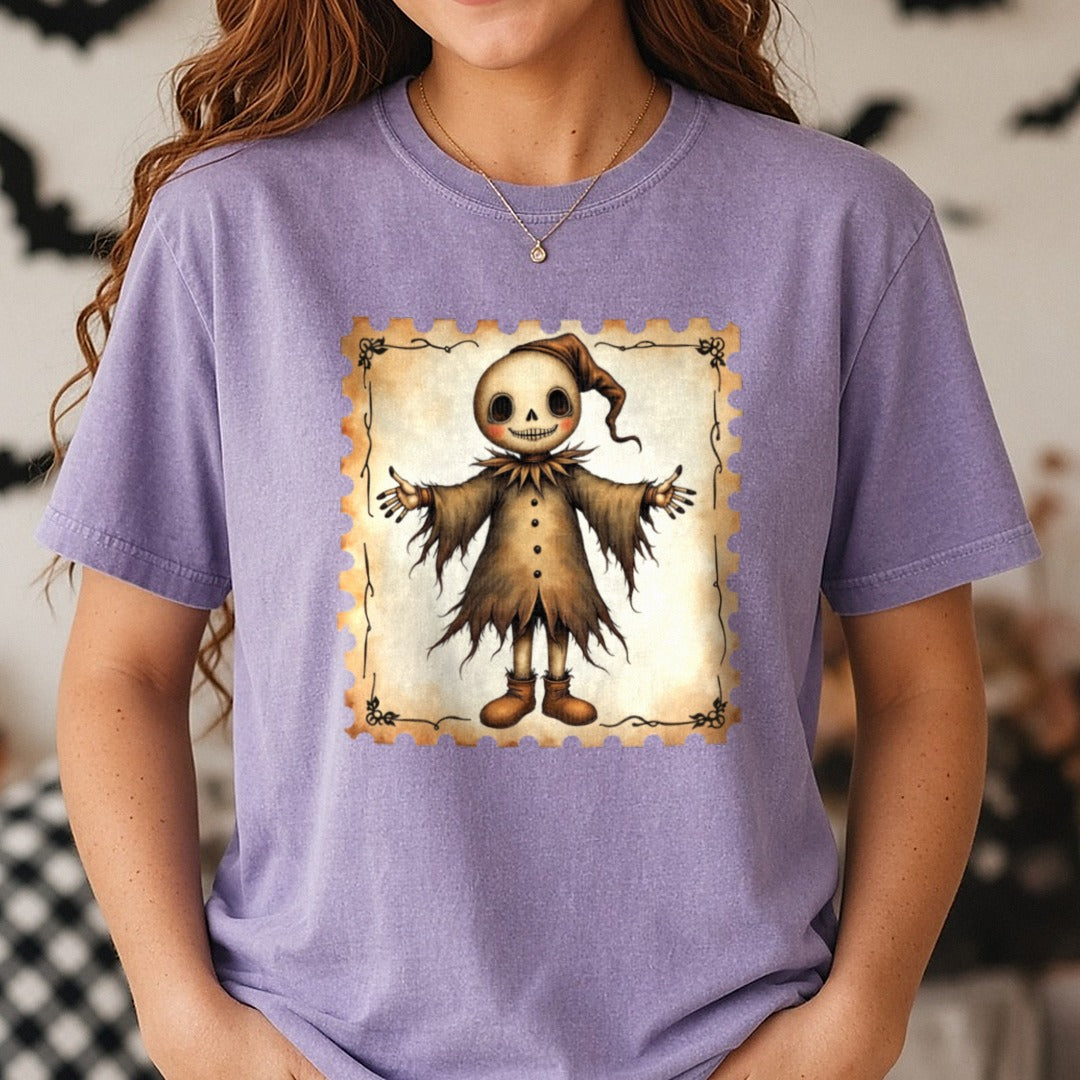 Halloween Fall Scarecrow Pumpkin Stamp DTF transfer shown on a Comfort Colors tee