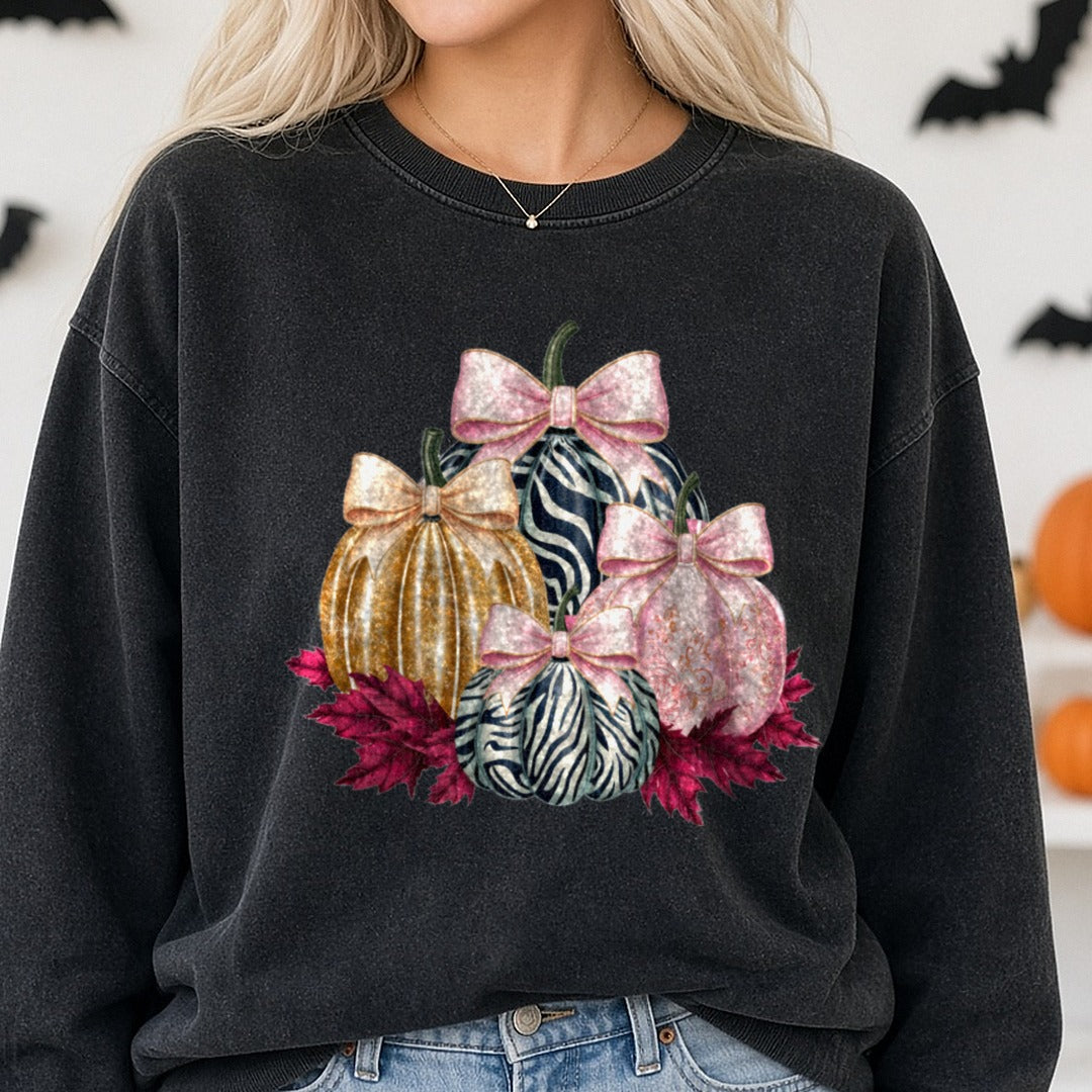 Halloween Fall Pumpkin Gold Zebra Pink Bows Stack DTF transfer shown on a Comfort Colors sweatshirt