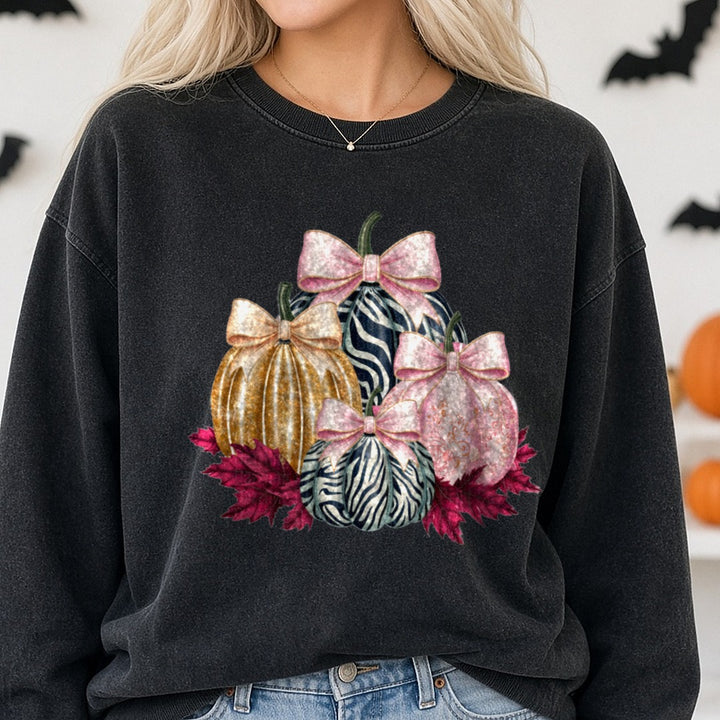 Halloween Fall Pumpkin Gold Zebra Pink Bows Stack DTF transfer shown on a Comfort Colors sweatshirt
