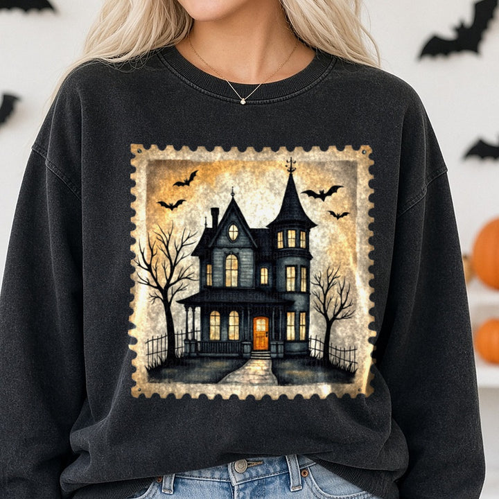 Halloween Fall Haunted House DTF transfer shown on a Comfort Colors sweatshirt