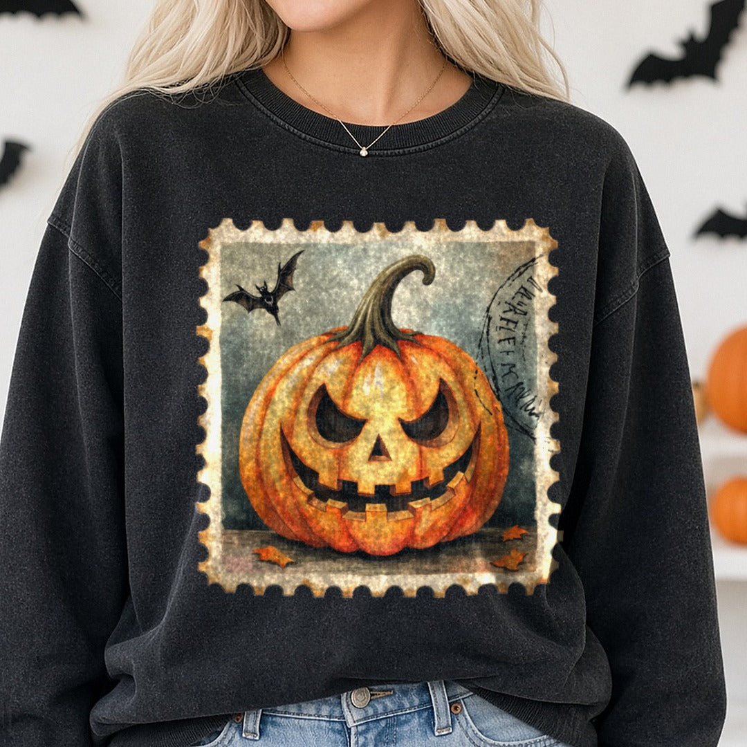 Halloween Fall Spooky Pumpkin Stamp DTF transfer shown on a Comfort Colors sweatshirt