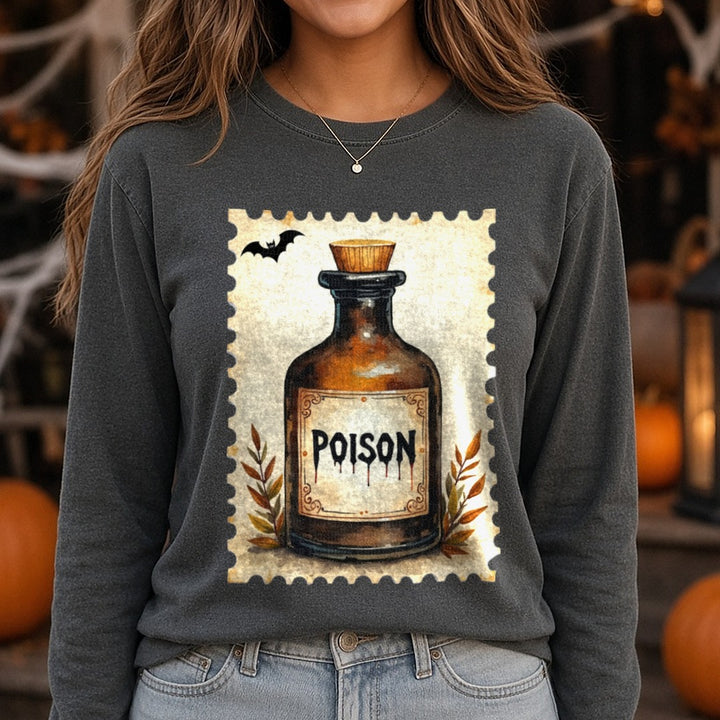 Halloween Fall Poison Stamp DTF transfer shown on a Comfort Colors long sleeve tee