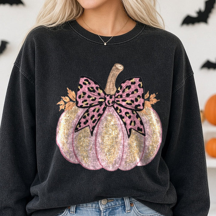 Halloween Fall Pumpkin Pink Glitter Leopard Bow Leaves DTF transfer shown on a Comfort Colors sweatshirt