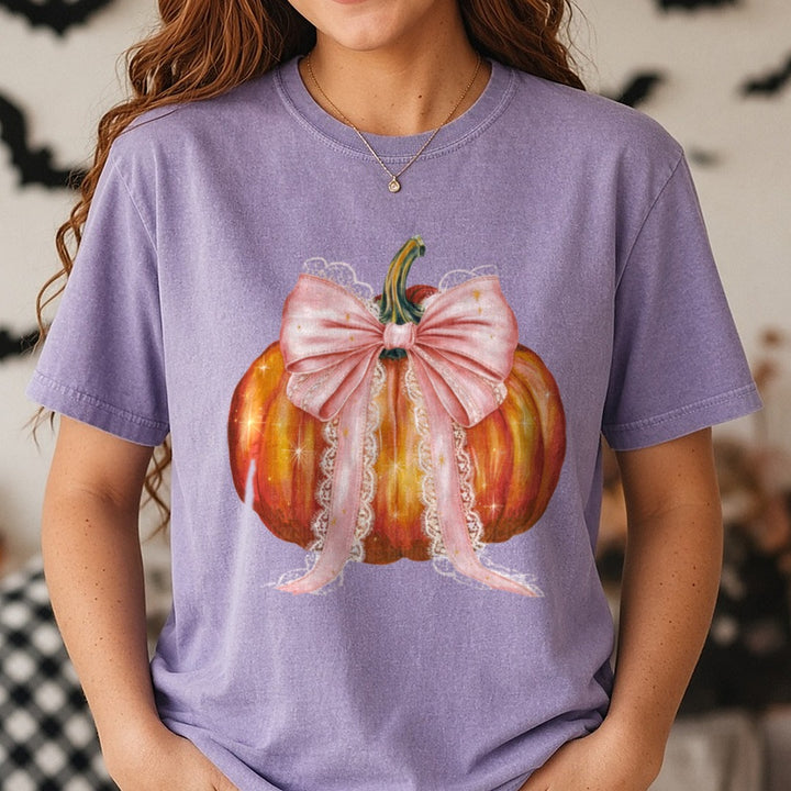 Halloween Fall Pumpkin Orange Pink Lace Coquette Bow DTF transfer shown on a Comfort Colors tee