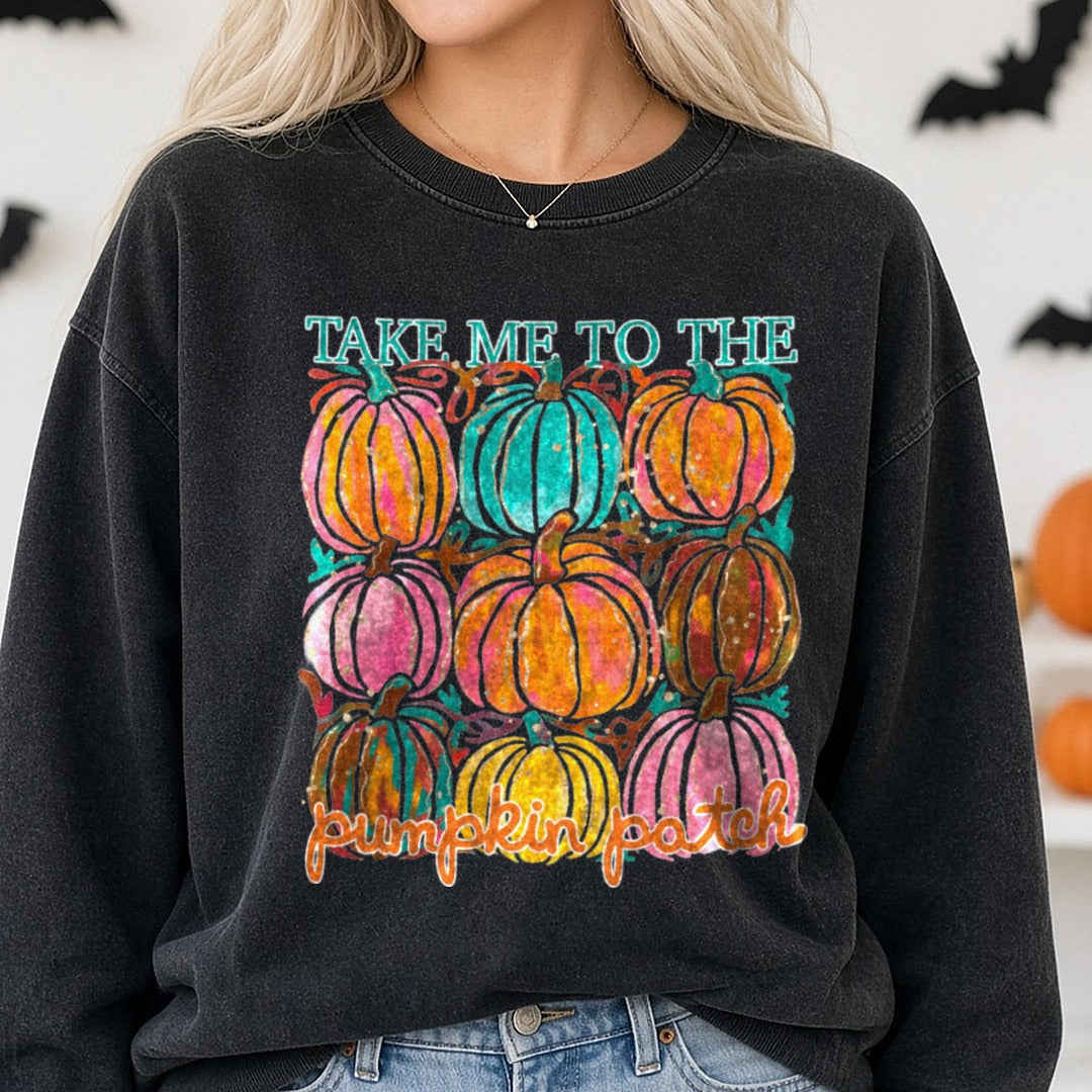 Halloween Fall Take Me to the Pumpkin Patch DTF transfer shown on a Comfort Colors sweatshirt