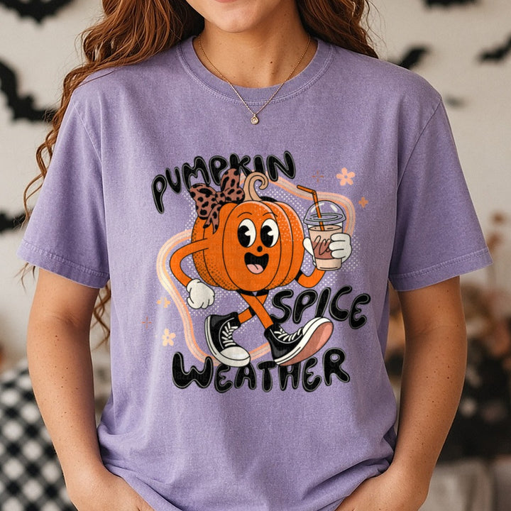 Halloween Fall Pumpkin Spice Weather DTF transfer shown on a Comfort Colors tee