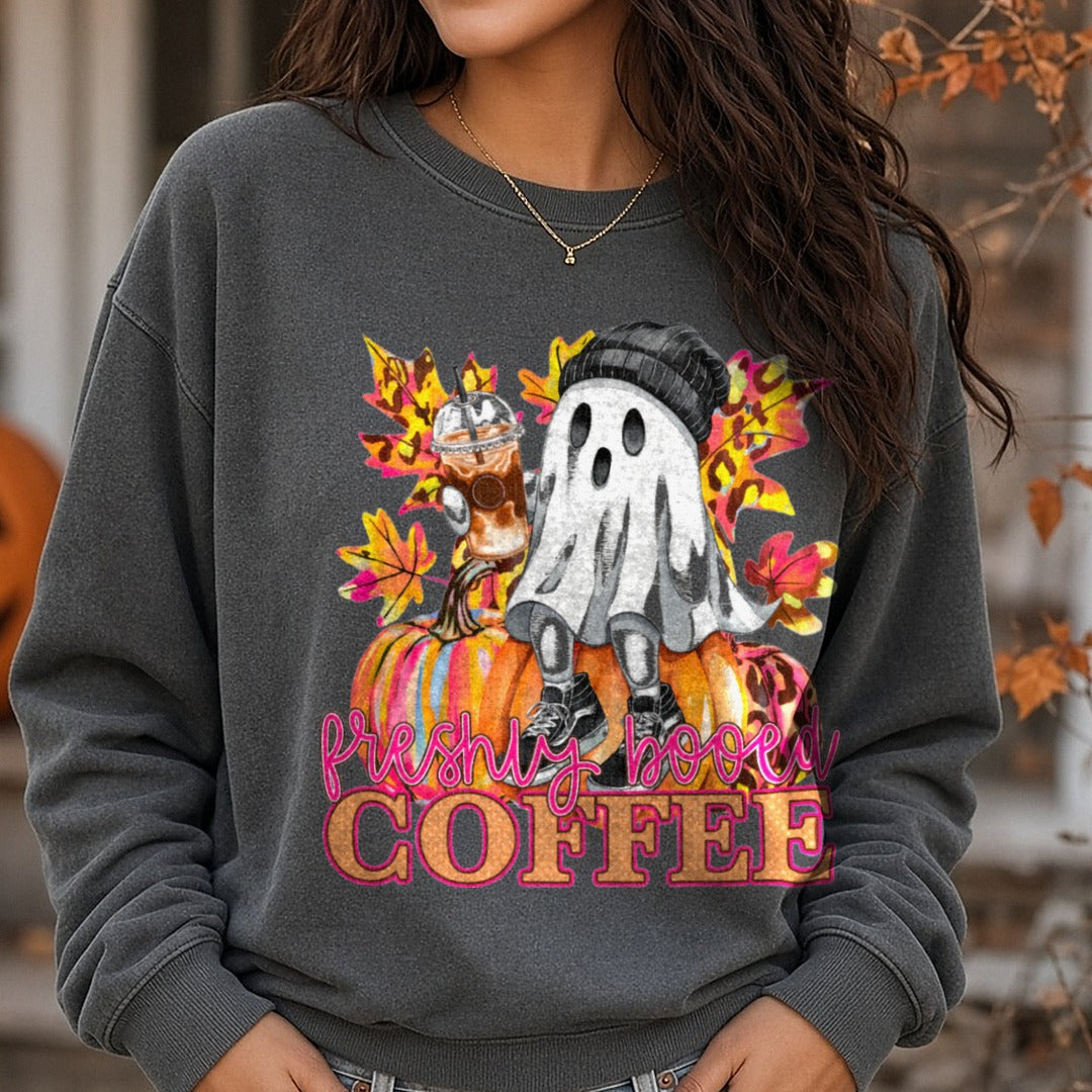 Halloween Fall Pumpkin Freshly Booed Coffee DTF transfer shown on a Comfort Colors sweatshirt