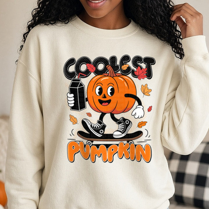 Halloween Fall Coolest Pumpkin DTF transfer shown on a Comfort Colors sweatshirt