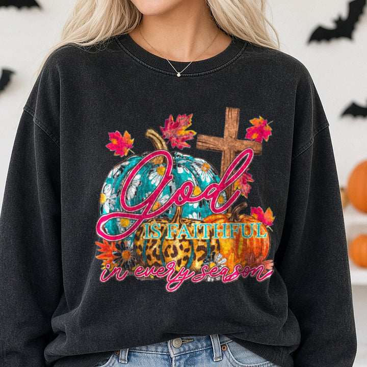 Halloween Fall Pumpkin God Is Faithful DTF transfer shown on a Comfort Colors sweatshirt