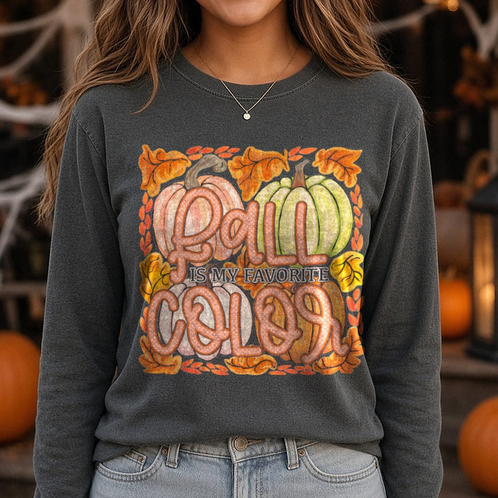 Halloween Fall Pumpkin Fall Is My Favorite Color DTF transfer shown on a Comfort Colors long sleeve tee