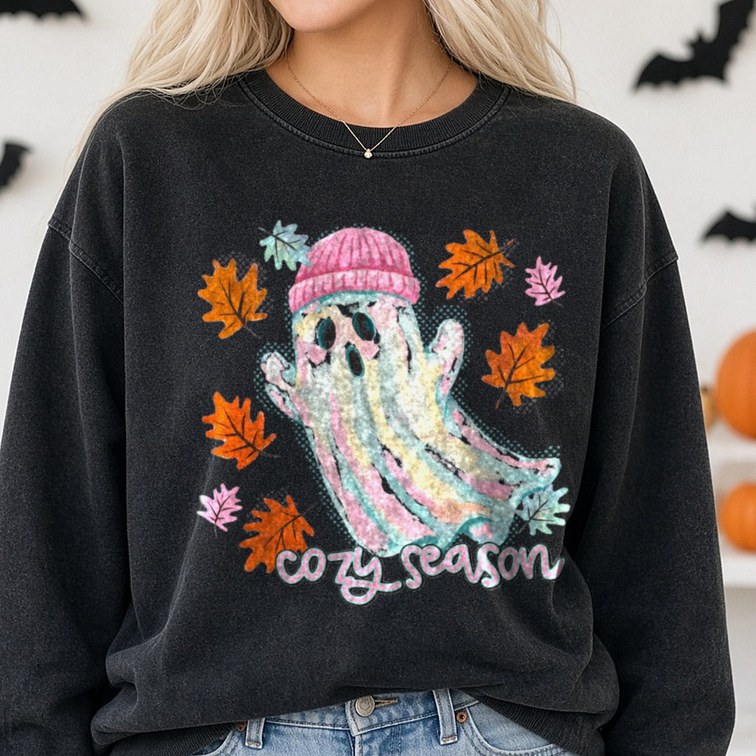 Halloween Fall Ghost Cozy Season DTF transfer shown on a Comfort Colors sweatshirt