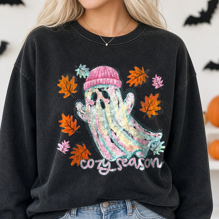 Halloween Fall Ghost Cozy Season DTF transfer shown on a Comfort Colors sweatshirt