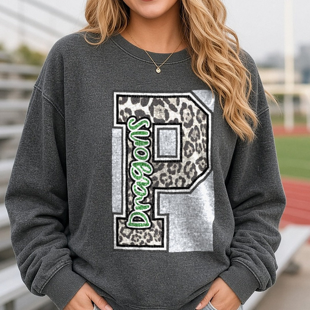 Pickens Dragons Big P DTF transfer shown on a Comfort Colors sweatshirt