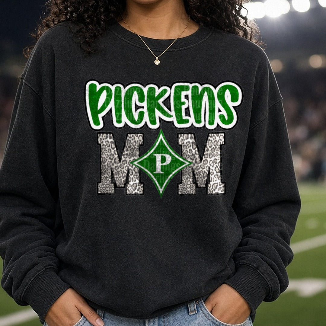 Pickens Dragons Mom DTF transfer shown on a Comfort Colors sweatshirt