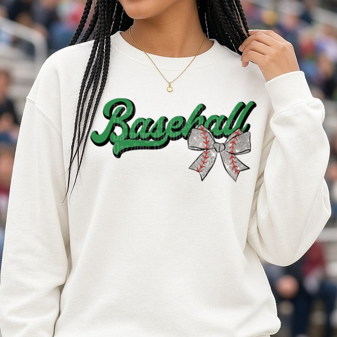Pickens Dragons Transfer Baseball Coquette Bow DTF transfer shown on a Comfort Colors sweatshirt