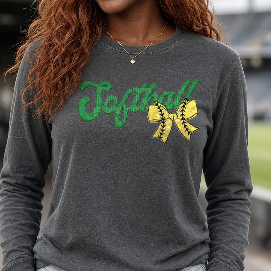 Pickens Dragons Softball Coquette Bow DTF transfer shown on a Comfort Colors long sleeve tee