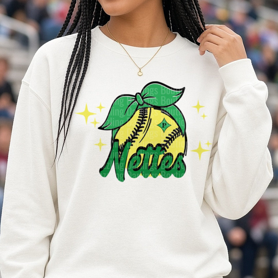 Pickens Dragons Softball Nettes DTF transfer shown on a Comfort Colors sweatshirt